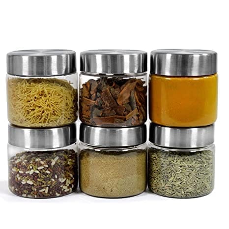 PEARLPET Transparent Plus Jar Container for Kitchen Storage Set with Stainless Steel Matt Finish Cap, 200 ML Set of 6 Pieces