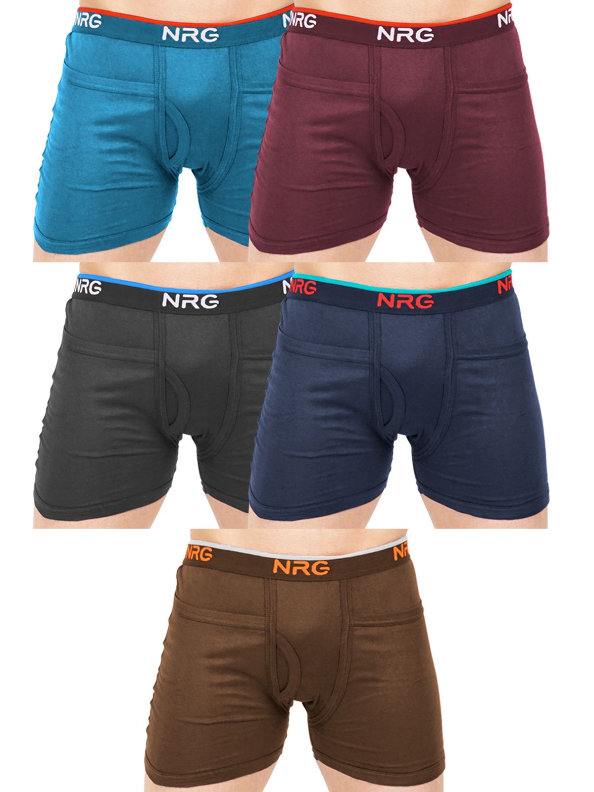 NRG Mens Cotton Assorted Colour Rib Pocket Trunks ( Pack of 5 Turquoise - Maroon - Coffee Brown - Navy Blue - Light Brown ) G14