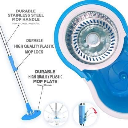 Quick Spin Mop, Bucket Floor Cleaning, Easy Puller Handle & Big Bucket, Floor Cleaning Mop Bucket, pocha for Floor Cleaning, Bucket Only (White and Blue)