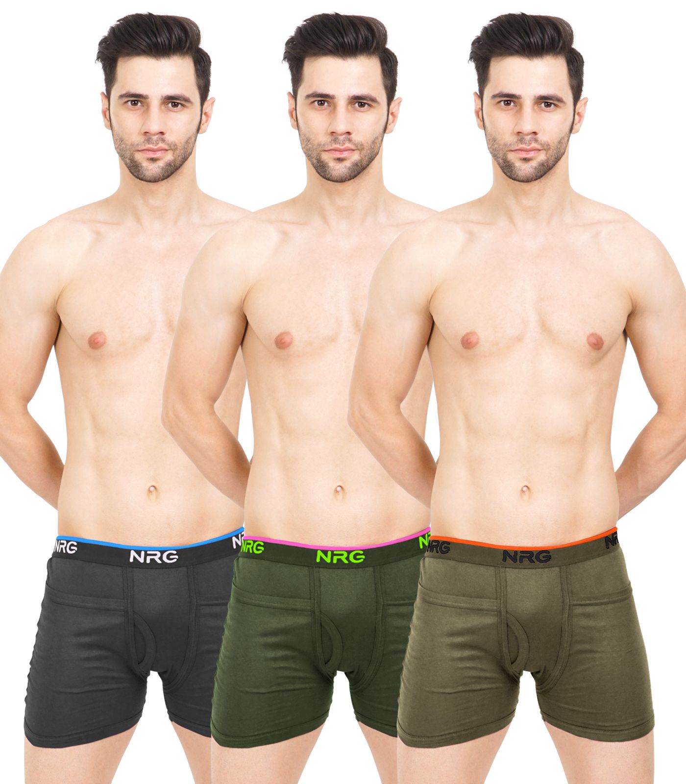 NRG Mens Cotton Assorted Colour Rib PocketTrunks ( Pack of 3 Coffee Brown - Military Green - Dark Green ) G14