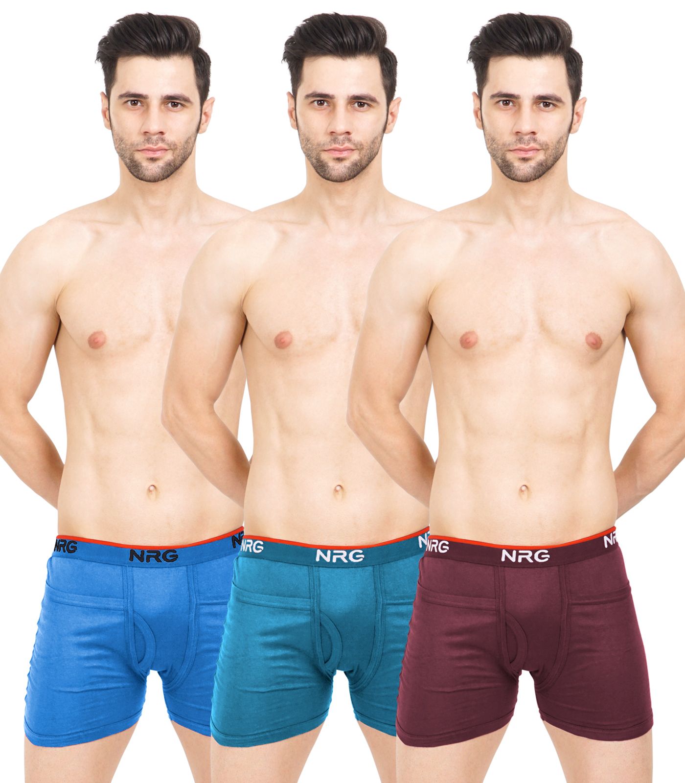 NRG Mens Cotton Assorted Colour Rib Pocket Trunks ( Pack of 3 Light Blue - Turquoise - Maroon ) G14