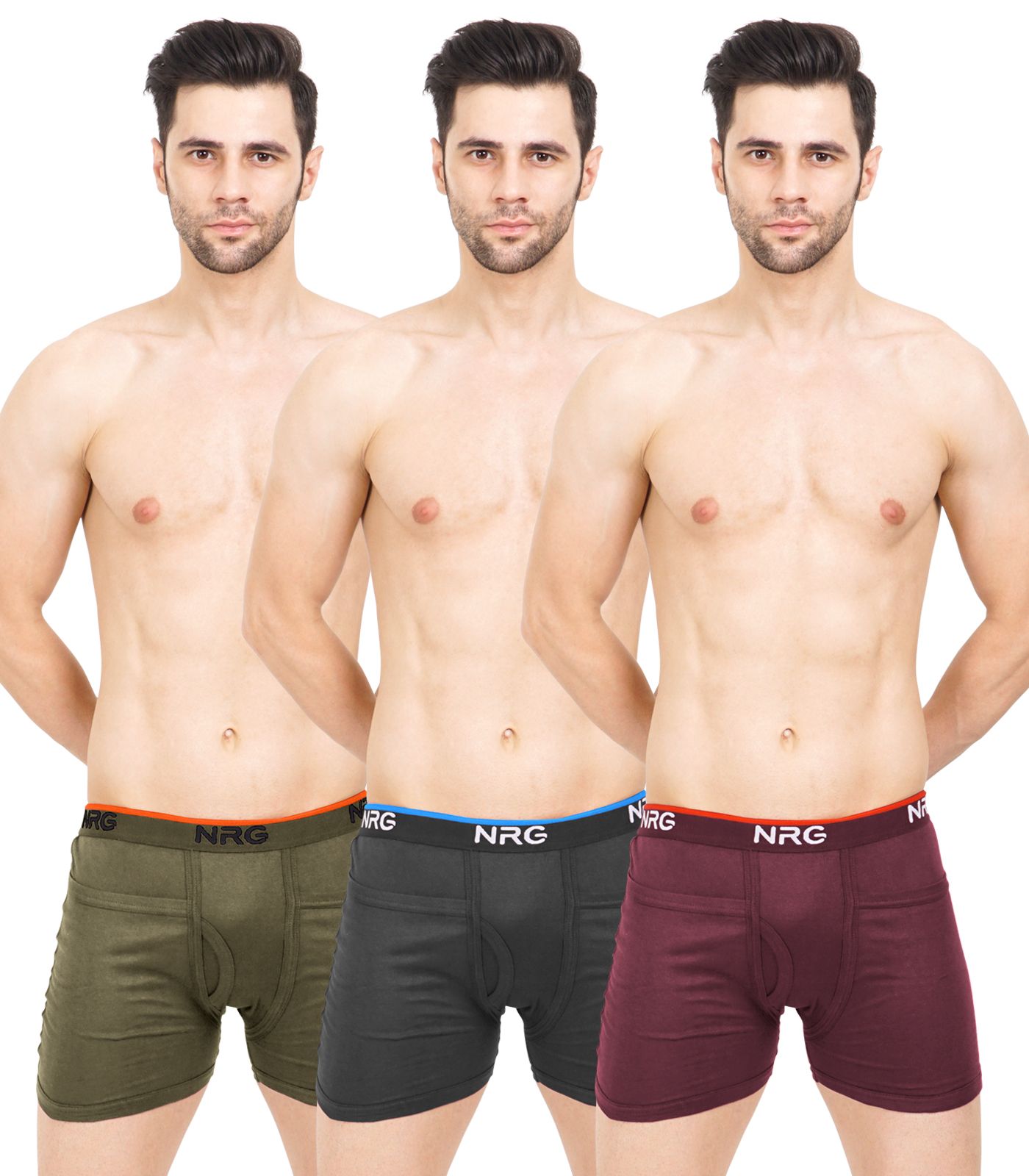 NRG Mens Cotton Assorted Colour Rib Pocket Trunks ( Pack of 3 Light Green - Coffee Brown - Maroon ) G14