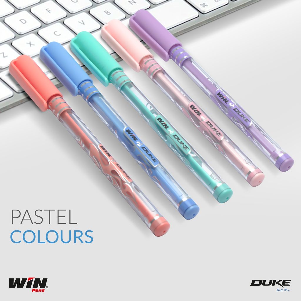 Win Duke Ball Pens | 60 Blue Pens | Assorted Body in 5 Pastel Shades | Lightweight & Colourful Body | 0.7mm Tip | Smooth Writing | School, Office & Business | Pens for Students