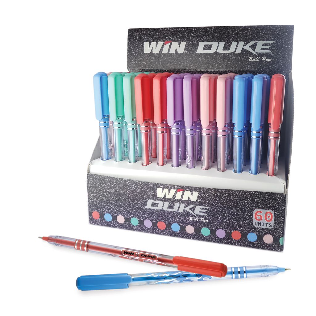 Win Duke Ball Pens | 60 Blue Pens | Assorted Body in 5 Pastel Shades | Lightweight & Colourful Body | 0.7mm Tip | Smooth Writing | School, Office & Business | Pens for Students