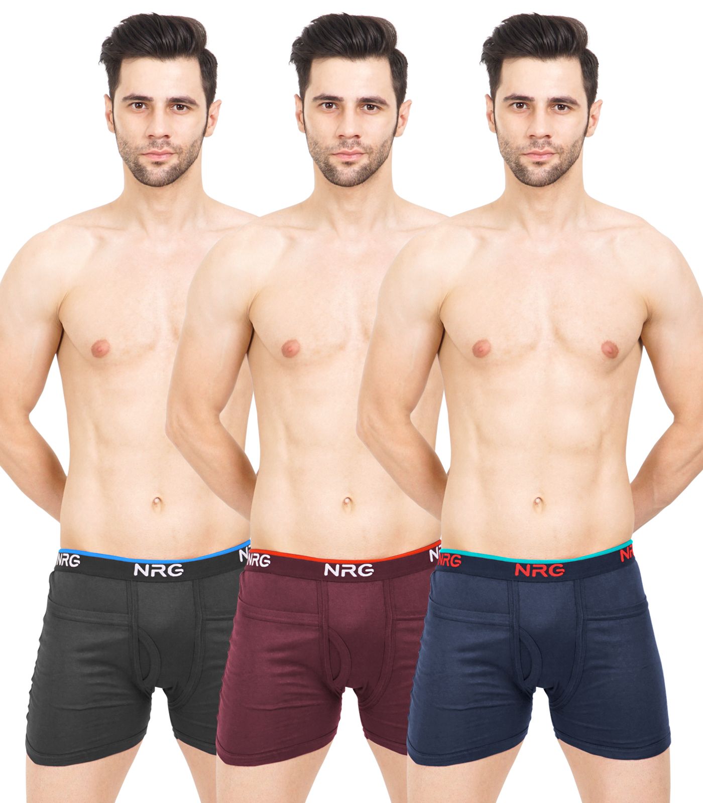NRG Mens Cotton Assorted Colour Rib Pocket Trunks ( Pack of 3 Coffee Brown - Maroon - Navy Blue ) G14