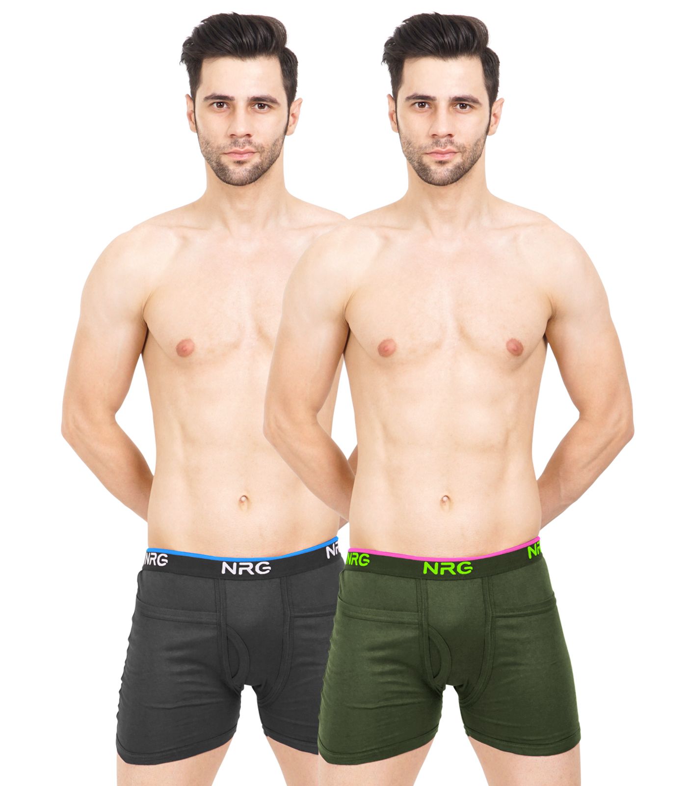NRG Mens Cotton Assorted Colour Rib Pocket Trunks ( Pack of 2 Coffee Brown - Military Green ) G14
