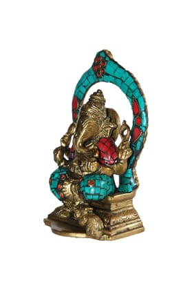 Brass Sitting Lord Ganesha Idol Statue Showpiece with Stone Work (Multicoloured)-RH2031A