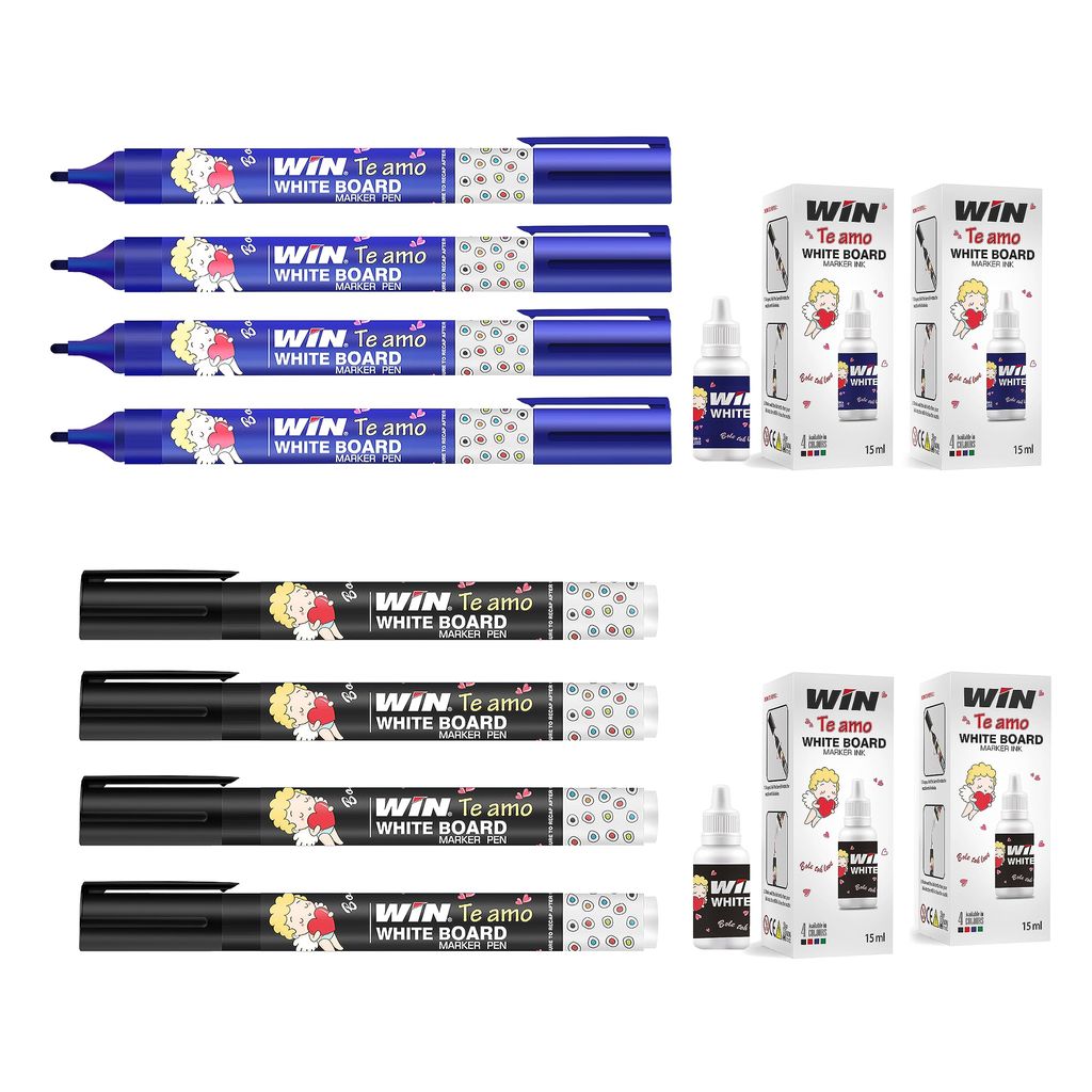 WIN Te Amo White Board Markers 4 Blue+4 Black with 2 blue Ink+2 black Ink | Easily Eraseable Ink | Refillable ink Markers | Ideal for School & Office Use | White Board Markers