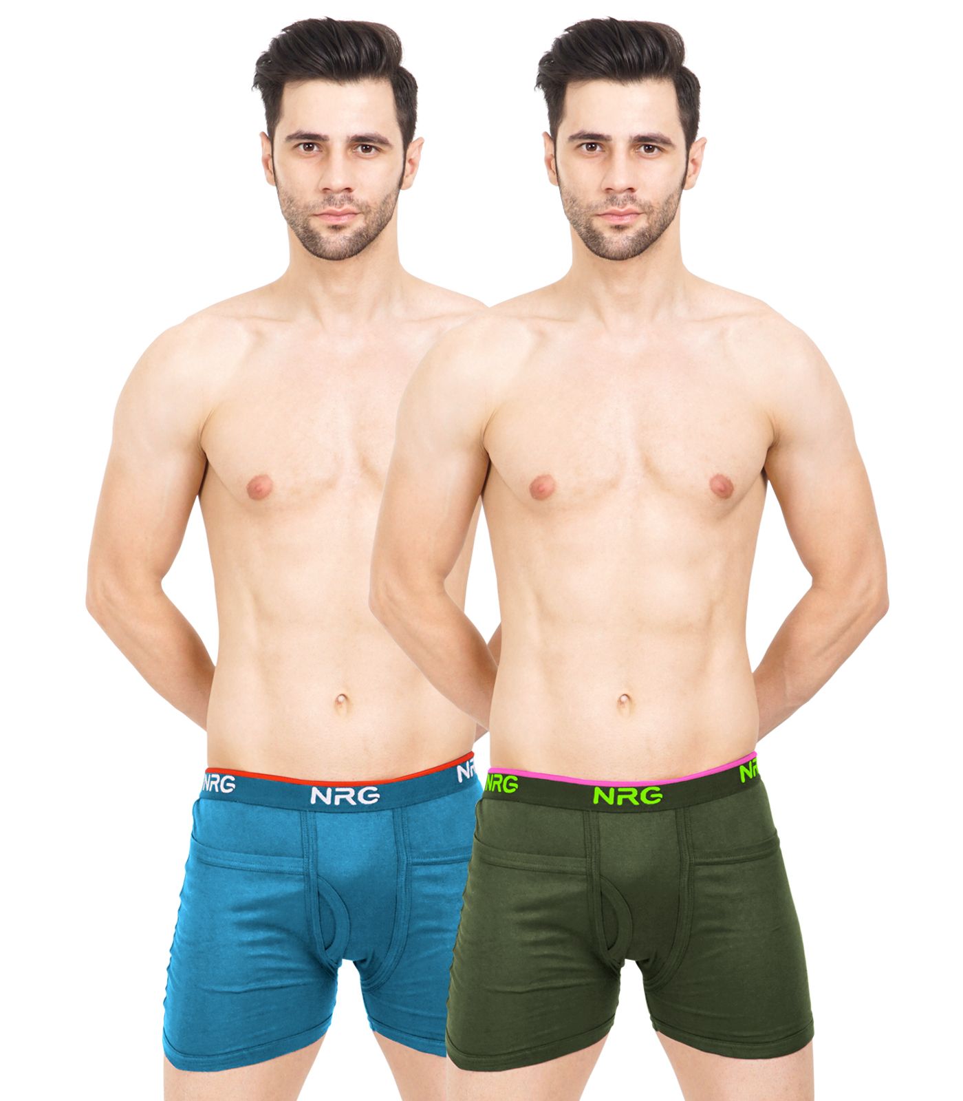 NRG Mens Cotton Assorted Colour Rib Pocket Trunks ( Pack of 2 Turquoise - Military Green ) G14