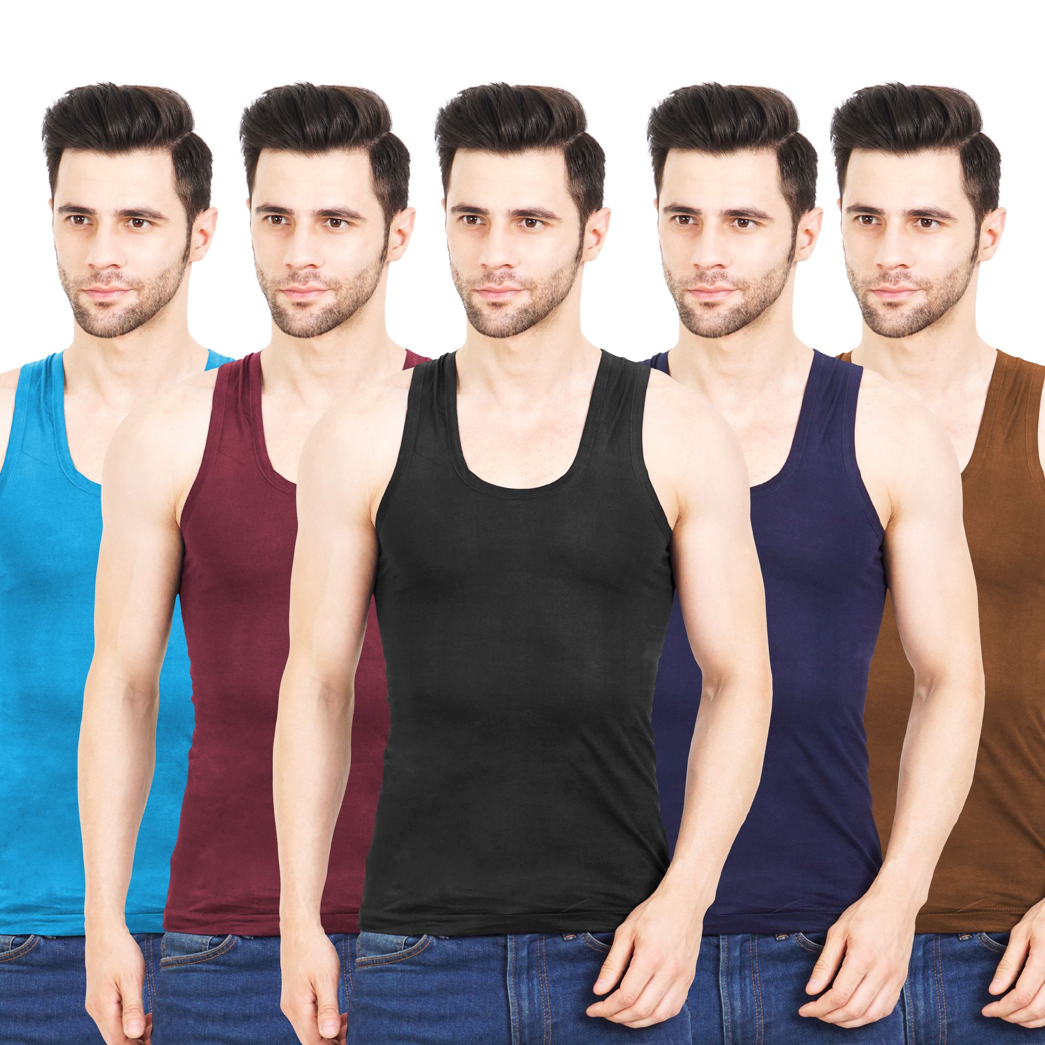 NRG Mens Sleeveless Colour Cotton Vest ( Pack of 5 Light Blue - Maroon - Coffee Brown - Navy Blue - Light Brown ) G23
