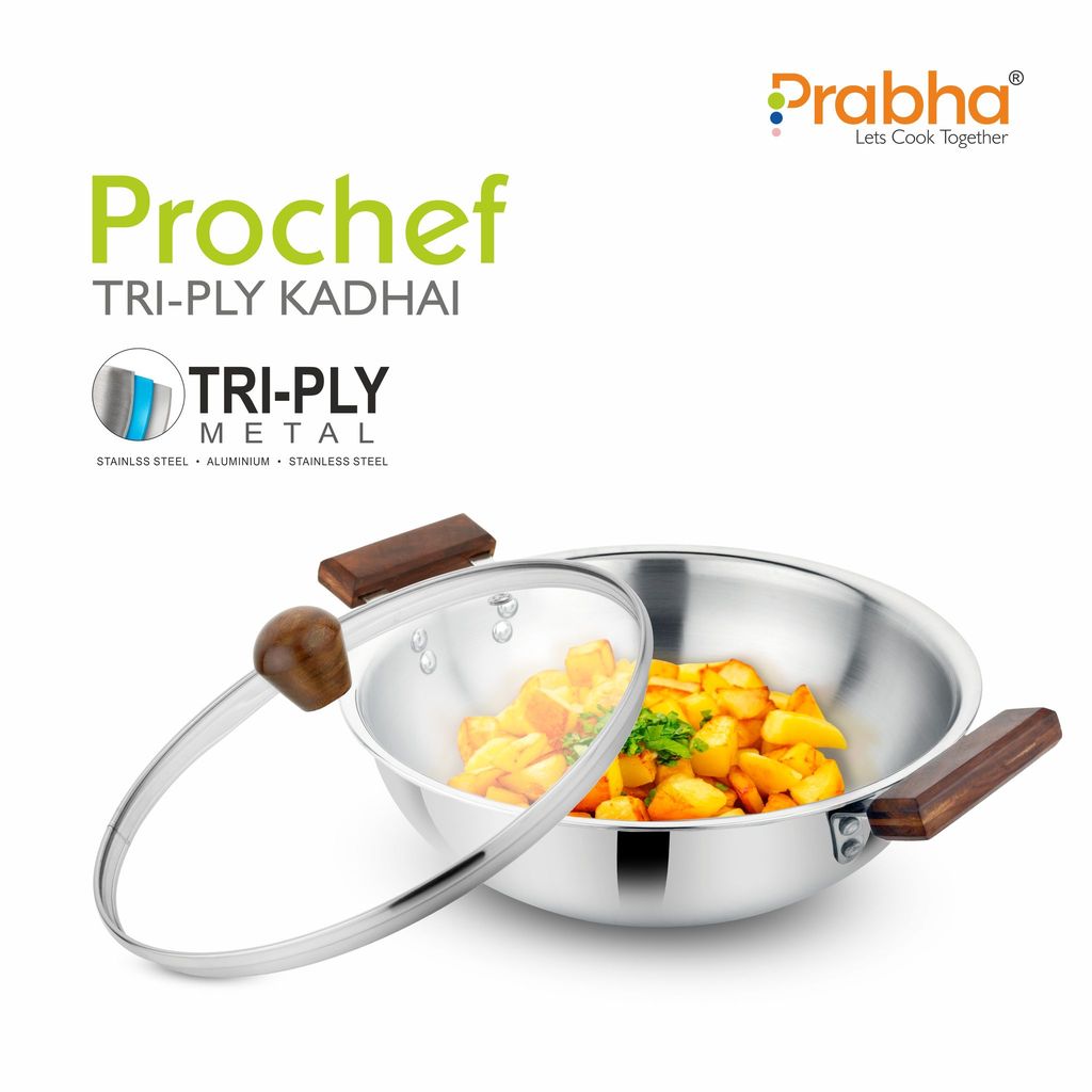 Prabha Stainless Steel Tri-Ply Prochef Kadhai with Lid Wooden Handle, 22cm 2.2L, Induction & Gas Stove, Durable for Long Term and Non Toxic Kadhai Base Heat Dispersion, 5 Year Warranty