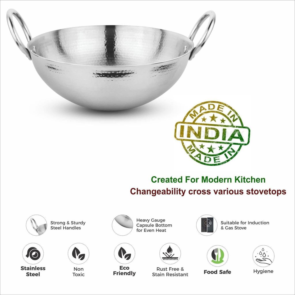 Prabha Stainless Steel New Heavy Gauge Hammered Finish Advanced Heat Dispersion, 2.4 L, Size 240MM, Compatible with Induction & Gas Stove