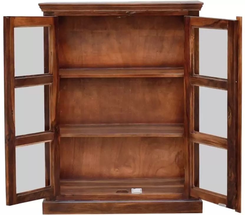 Homes Sheesham Wood Transparent Glass Display Crockery and Book Cabinet Solid Wood Free Standing Cabinet
