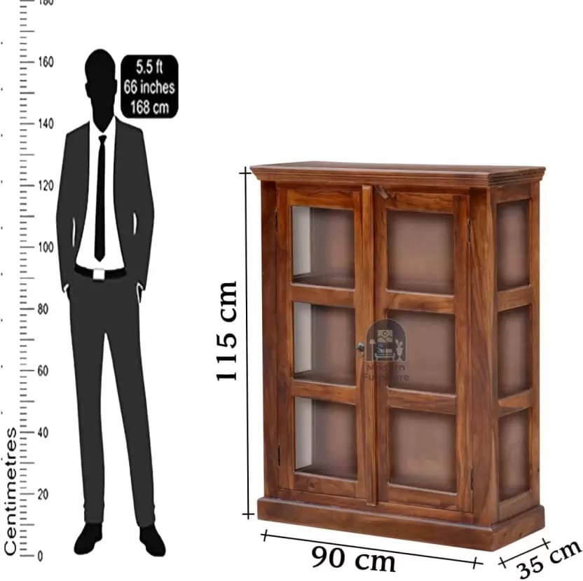 Homes Sheesham Wood Transparent Glass Display Crockery and Book Cabinet Solid Wood Free Standing Cabinet