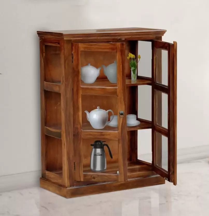 Homes Sheesham Wood Transparent Glass Display Crockery and Book Cabinet Solid Wood Free Standing Cabinet