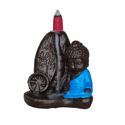 Aaradhak Polyresin Monk Child Smoke Buddha Backflow Smoke Fountain Backflow Incense Burner with 10 Smoke Backflow Scented Cone (Navi Blue)