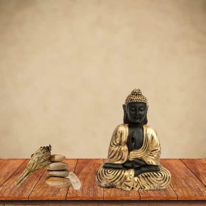 Aaradhak Golden Work Buddha Statue - Black Resin Material - 5 Inches - Symbol of Serenity and Enlightenment (Pack of 1)