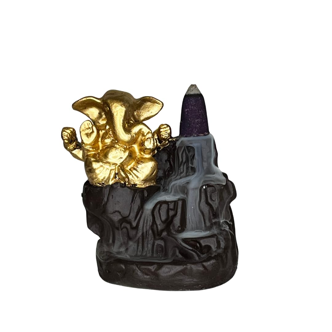 Aaradhak Lord Bal Ganesha Smoke Fountain Polyresin Incense Burner with 10 Backflow Scented Cone Incense (Gold)