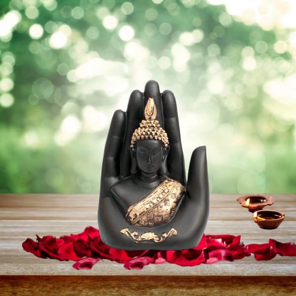 Aaradhak Hand Buddha Head Statue - Resin, Matte Black with Golden Combination - 5 Inches Height - Serene Symbol of Enlightenment and Mindfulness (Pack of 1)