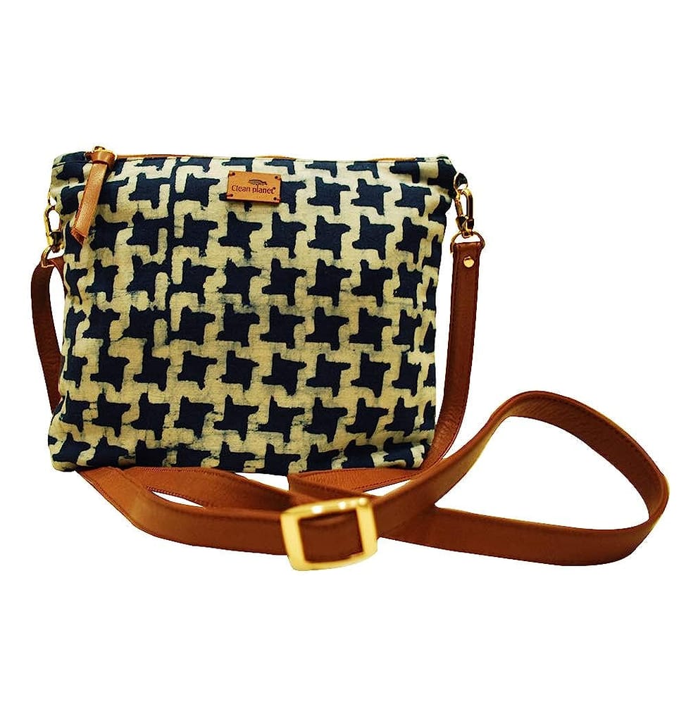 Clean Planet Women's Sling Bag (Blue) Indigo Block Printed