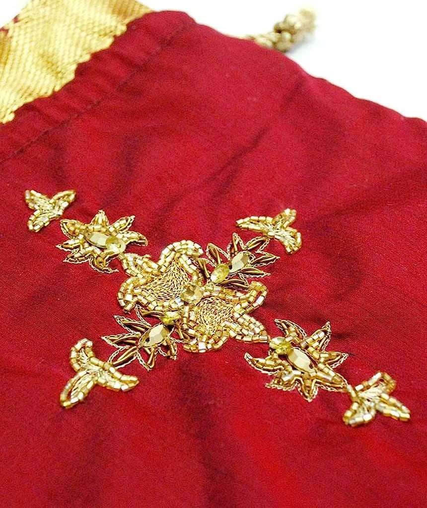 Clean Planet Women's Satin Handcrafted Indigenous Drawstring Golden Embroidery Jewellery Potli Bags - (Maroon, 12.5 X 9.5 X 0.1 Cm)