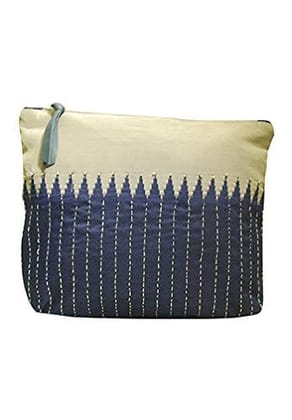 Clean Planet Handcrafted Vintage Blue Silk Multi-purpose Zipper Travel Pouch/Ladies Makeup Bag - 22 x 15 x 7 Cm
