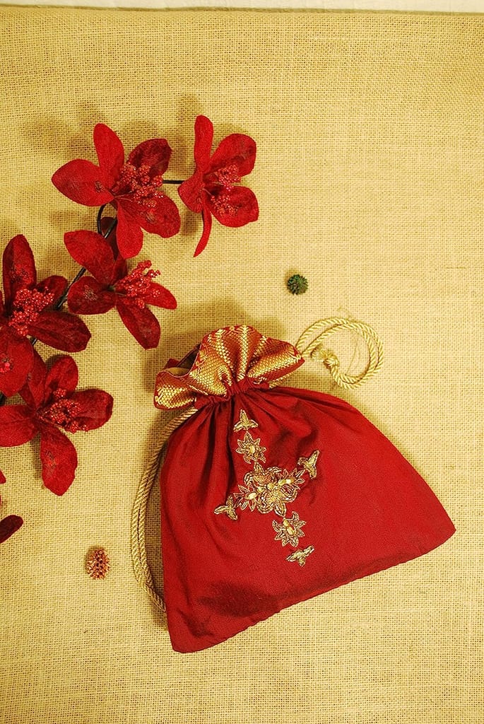 Clean Planet Women's Satin Handcrafted Indigenous Drawstring Golden Embroidery Jewellery Potli Bags - (Maroon, 12.5 X 9.5 X 0.1 Cm)