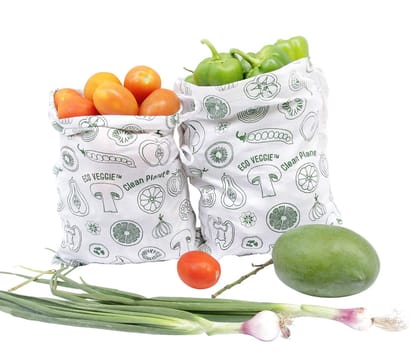 Clean Planet Cotton Handmade Washable Eco-Friendly Leafy Printed White Grocery Storage Bag,Bag for Fridge Reusable (Pack of 2, Medium)
