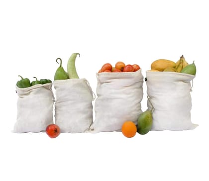 Clean Planet Cotton Vegetable and Fruit Storage Shopping Bag for Fridge, Eco-Friendly Reusable Bags with Drawstring Non-Toxic, Washable Storage Bag (Pack of 4) (2 Large - 13"x15",2 Regular - 10"x12")