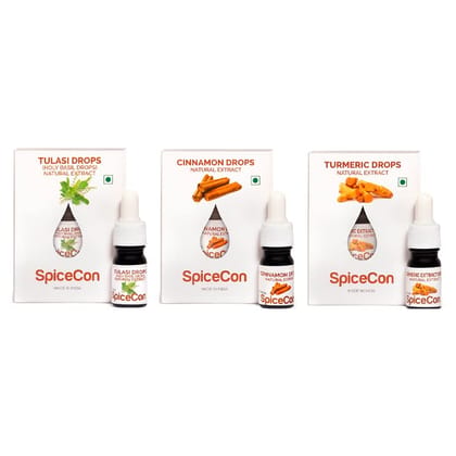 SpiceCon Natural Extract | Vegan Product | No Artificial Colour | 100% Natural and Pure | Extract Combo Set (Tulasi, Cinnamon, and Turmeric) | 5 ML (180 Drops)