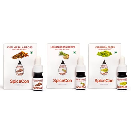 SpiceCon Natural Extract | Vegan Product | No Artificial Colour | 100% Natural and Pure | Extract Combo Set (Chai Masala, Lemon Grass, and Cardamom) | 5 ML (180 Drops)