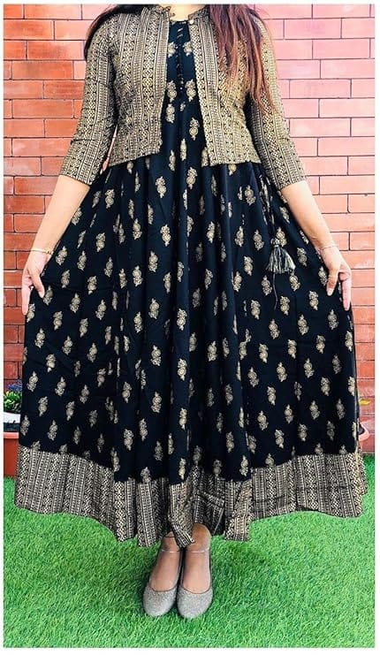 Buy Fashion SAY Women's Gold Print Rayon Anarkali Kurti with Jacket (Navy  Blue)-M at Amazon.in