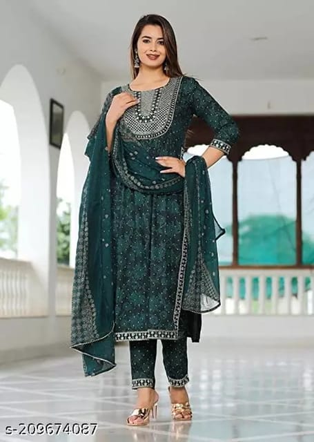 Raw silk readymade party wear kurti set dark green with butta prints & –  Maatshi