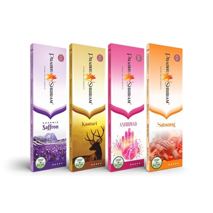 PRABHU SHRIRAM Pack of 4 Saffron,Kasturi,Ashirwad &Satsang  combo 100% charcoal free Agarbatti Nature Inspired Fragrance