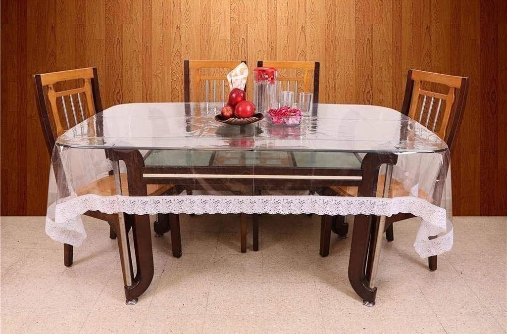G-Trading Hub Luxurious Design Modern 6 Seater Transparent Table Cover with Silver Lace Suitable for Protecting Table from Scratches,Dirt, Fingertips, (Size 60 X 90 Inches),Silver