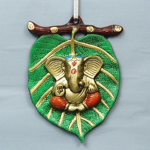 Metal Pan Patta Ganesha Wall Hanging - Decorative Lord Ganesha on Leaf Showpiece Figurine (Green)