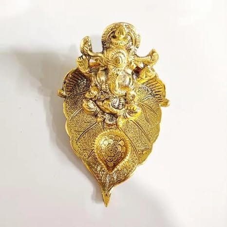 Gifton Click Metal Patta Ganesh Idol with Deepak Diya, Ganesh Sitting On The Peepal Leaf Showpiece Figurine for Home and Pooja Room (Golden Patta Ganesh)
