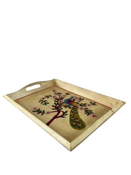 WOODEN HANDMADE SERVING TRAY FANCY DESIGN FOR PEACOCK AND FLOWER set 3
