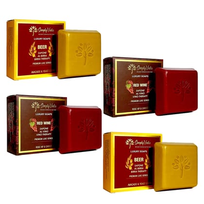 Simply Vedic Pack of 4 Premium Soaps Collection of Red wine soap(2) and Beer Soap(2) for Body, Hand, Face;|All Natural, Handmade, Pure & Gentle Moisturizing Bathing Soap
