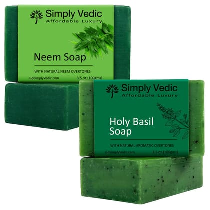 Simply Vedic Pack of 2 Herbal Soap Bar Collection For Body, Hand, Face; Neem soap(1), Holy basil Soap(1). Cold pressed with Coconut oil, Handmade.
