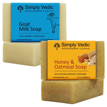 Simply Vedic Pack of 2 Herbal Soap Bar Collection For Body, Hand, Face; Oatmeal Honey(1), Goat Milk(1).Cold Pressed with Coconut Oil, Handmade.