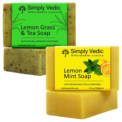 Simply Vedic Pack of 2 Herbal Soap Bar Collection For Body, Hand, Face; Lemongrass Soap(1), Lemon Mint Soap(1). Cold Pressed with Coconut Oil, Handmade.