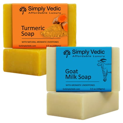 Simply Vedic Pack of 2 Herbal Soap Bar Collection For Body, Hand, Face; Turmeric(1), Goat Milk(1). Cold Pressed with Coconut Oil, Handmade.