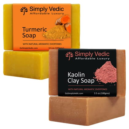 Simply Vedic Pack of 2 Herbal Soap Bar Collection For Body, Hand, Face; Turmeric (1), Kaolin Clay(1). Cold Pressed with Coconut Oil, Handmade.