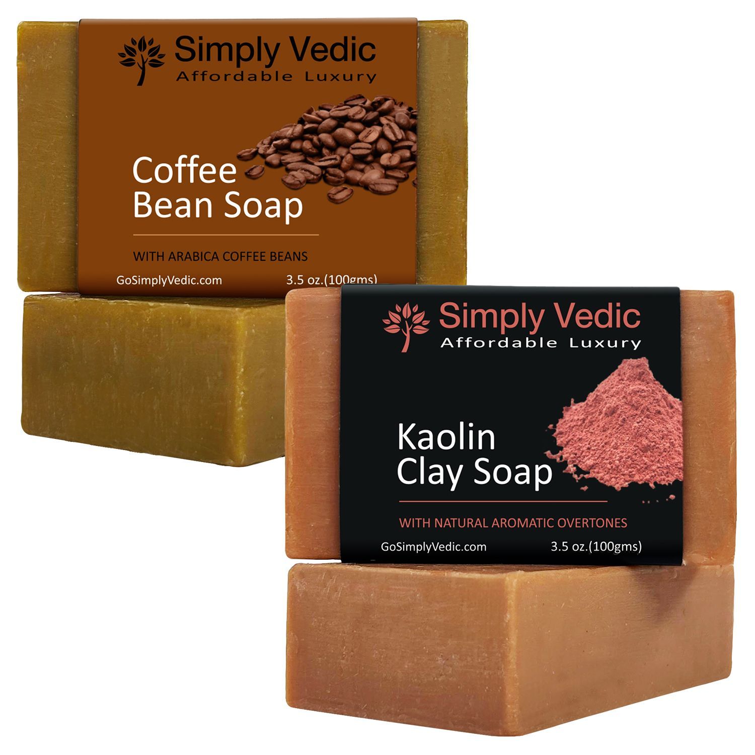 Simply Vedic Pack of 2 Herbal Soap Bar Collection For Body, Hand, Face; Coffee Bean Soap(1), Kaolin Clay (1). Cold Pressed with Coconut Oil, Handmade.