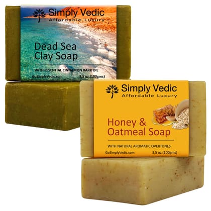 Simply Vedic Pack of 2 Herbal Soap Bar Collection For Body, Hand, Face; Dead Sea(1), Oatmeal Honey(1). Cold Pressed with Coconut Oil, Handmade.