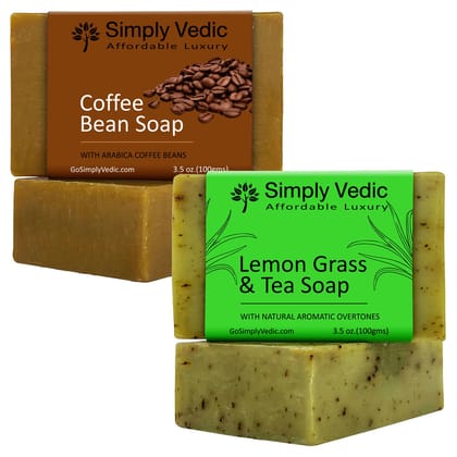 Simply Vedic Pack of 2 Herbal Soap Bar Collection For Body, Hand, Face; Coffee(1), Lemongrass Soap(1). Cold Pressed with Coconut Oil, Handmade.