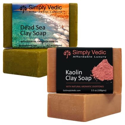 Simply Vedic Pack of 2 Herbal Soap Bar Collection For Body, Hand, Face; Dead Sea(1), Kaolin Clay(1). Cold Pressed with Coconut Oil, Handmade.