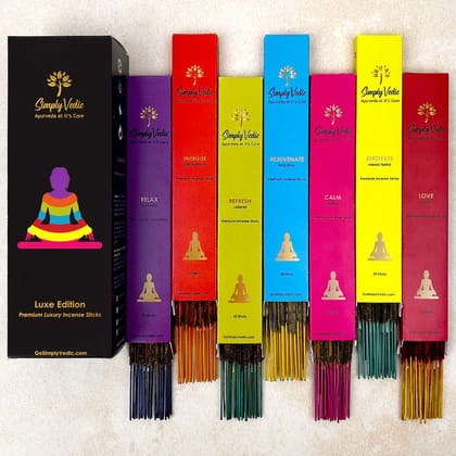 Simply Vedic Premium Luxe Series Incense Sticks | 7 Incenses (140 Sticks) - Lavender, Sandalwood, Jasmine, Patchouli, Rose, Vanilla and Indian Temple | with Incense Holder