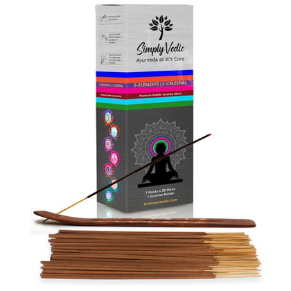 Simply Vedic 5 Elements Sticks Incense Stick Premium Agarbatti with Burner (20 Sticks Pack X 7 Variants)